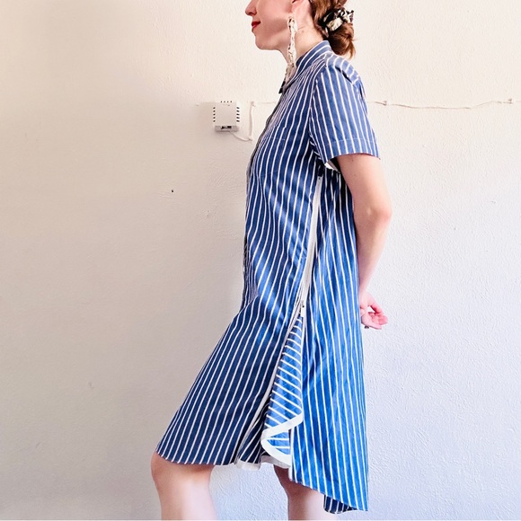 SACAI Blue Cotton Poplin Stripe Parachute Short Sleeve Collared Shirt Dress - Picture 6 of 11